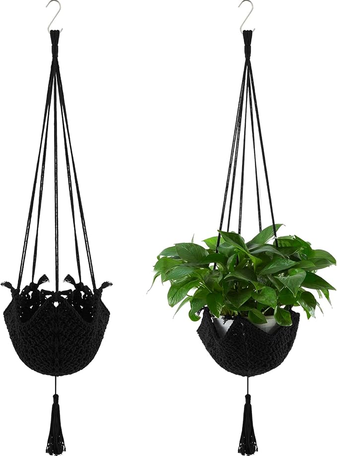 Shappy 2 Pack Jute Crochet Long Plant Hanger for 3 Inch to 12 Inch Pots, Macrame Plant Holder Rope with S Shaped Hooks for Halloween Home Decor (Black)