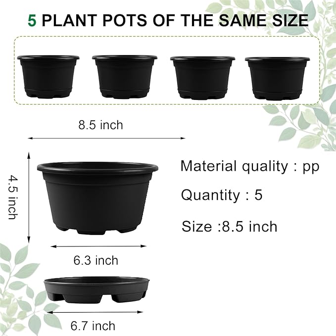 5 Pack 8.5 inch Plant Pot,Outdoor Flower Pots,Plastic pots for Plants Indoor with Drainage Holes and Trays, Decorative Garden Containers Sets for Houseplants