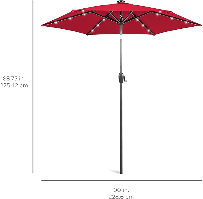 Best Choice Products 7.5ft Outdoor Solar Market Table Patio Umbrella for Deck, Pool w/Tilt, Crank, LED Lights - Red