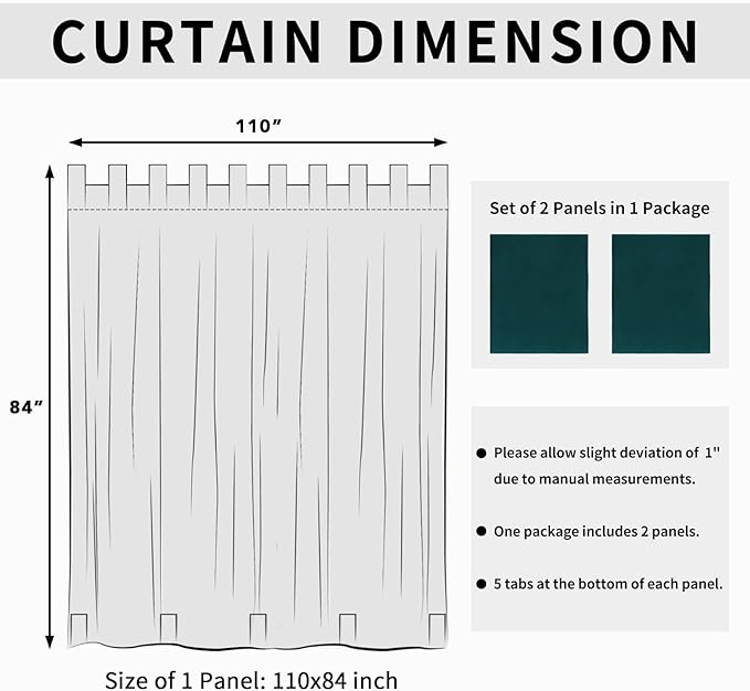 Easy-Going Outdoor Patio Curtains Detachable Tab Top Windproof Weatherproof Curtain for Cabana, Porch, Pergola and Gazebo, Tab Bottom Drape, 2 Panels, 110W x 84L inch, Teal