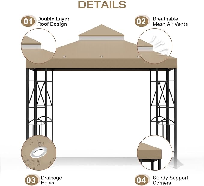 119''x119'' Canopy Replacement Top Double Tiered Gazebo Cover for Yard, Patio & Garden Durable Sunshade Replacement(No Frame)(Khaki)