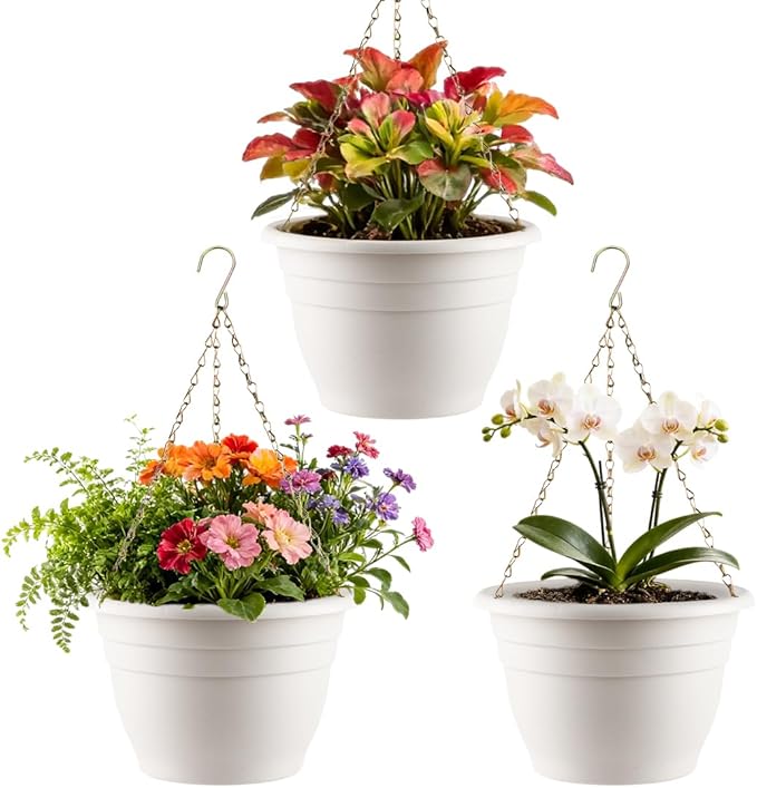 Hanging Planters 11 Inch, 3 Pcs Flower Pots with Drainage Hole, Self Watering Hanging Basket for Indoor Outdoor Plants, Decor, White