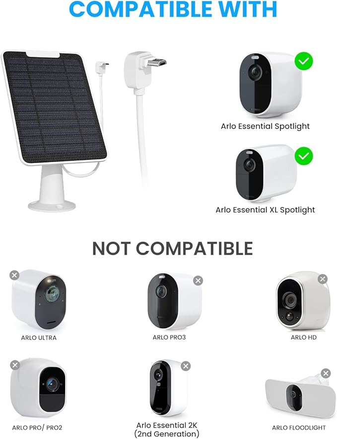 5W Arlo Solar Panel Charger Compatible with Arlo Essential Spotlight/XL Spotlight Camera, Arlo Essential Solar Panel Charger w/ 10ft Waterproof Micro USB Charging Cable, Adjustable Wall Mount, 4 Pack