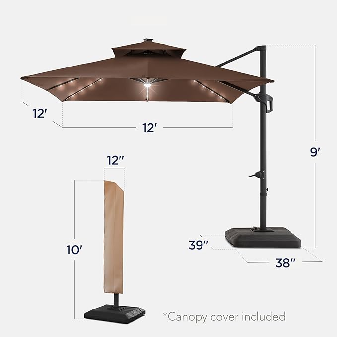 Best Choice Products 12x12ft LED Cantilever Patio Umbrella w/Base Included & 360° Rotation, Large Solar Offset Hanging Outdoor Sun Shade for Deck, Backyard Table w/Stand & Lights – Brown