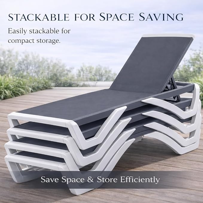 Kozyard Outdoor Chaise Lounge Chair, Full Flat Adjustable Patio Lounger with Aluminum Frame & Resin Legs, Textilene Fabric for Poolside, Backyard & Beach (Gray, 2Chairs with Table)