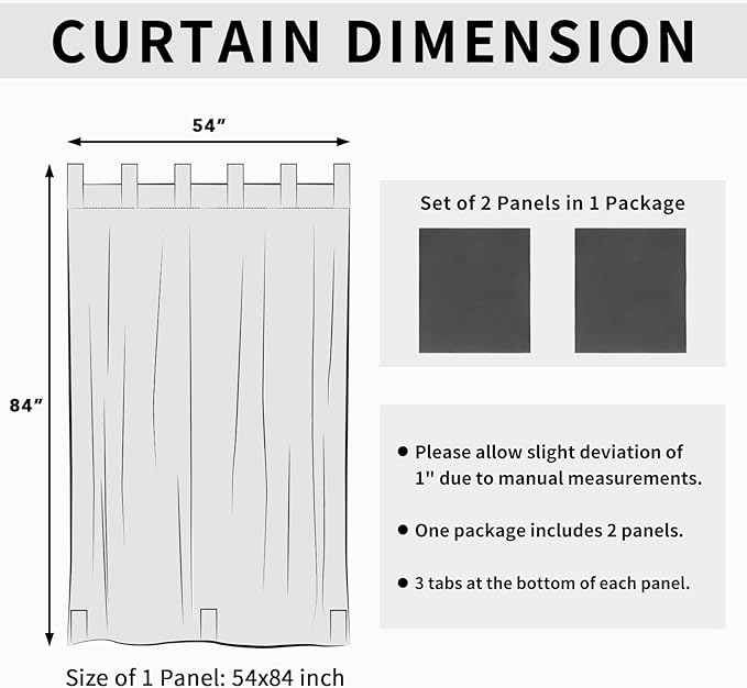 Easy-Going Outdoor Patio Curtains Detachable Tab Top Windproof Weatherproof Curtain for Cabana, Porch, Pergola and Gazebo, Tab Bottom Drape, 2 Panels, 54W x 84L inch, Gray