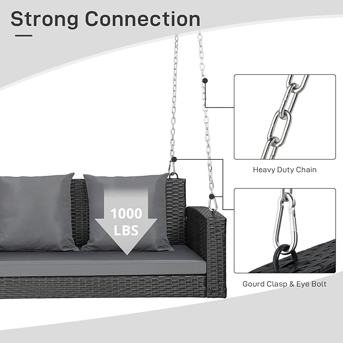Outvita Porch Swing, 5FT Hanging Outdoor Porch Swings for Adults, Wicker 3 Person Patio Swing, with Cushion, Pillow and Chain for Garden, Backyard, Weight Capacity - 1000lbs