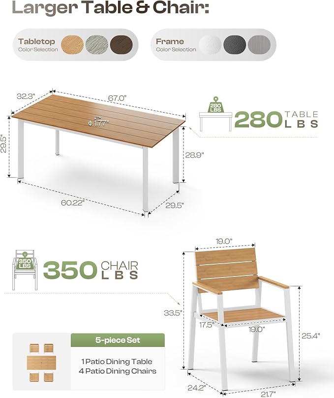 Outdoor Dining Set for 4, Aluminum Patio Table and Chairs Set with Umbrella Hole, 5 Piece HDPS Outdoor Furniture Set for Patio, Garden (White & Teak)