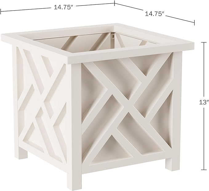 Lattice Design Outdoor Planter Box - 14.75” Square 13” Tall White Plant Pot - Decorative Plant Pots for Front Porch Decor - Flower Pots Outdoor Planters for Porch Patio or Garden Decor by Pure Garden