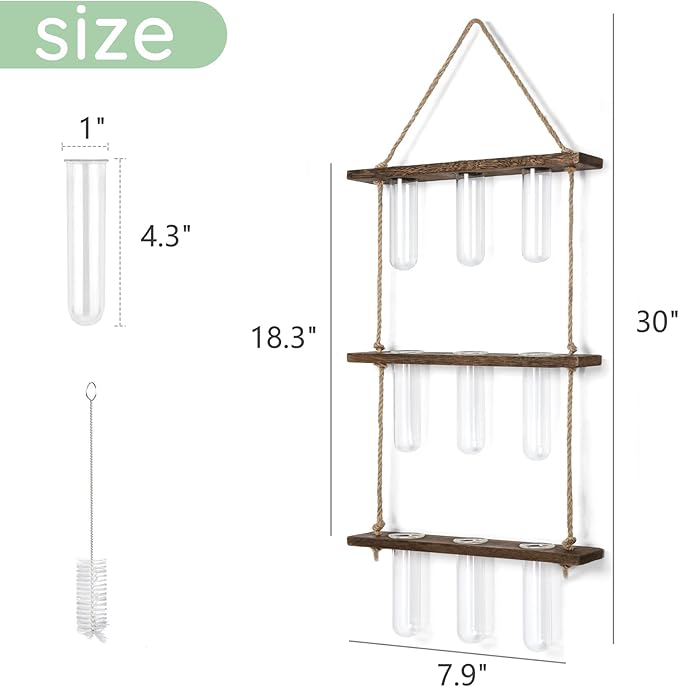 Mkono Plant Propagation Tubes, 3 Tiered Wall Hanging Terrarium with Wooden Stand Flower Vase Test Tube Glass Planter Stations for Hydroponic Cutting Home Garden Office Decor (Brown, Small)