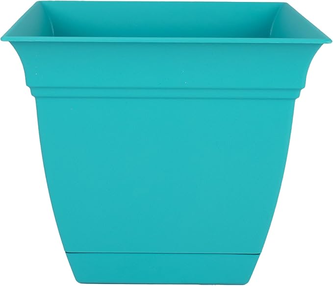 The HC Companies Eclipse Square Plastic Planter w/Attached Saucer - Outdoor & Indoor Plant Pot with Drainage Holes - Lightweight, UV-Resistant Plastic Pots for Plants (10" Teal, Pack of 1)