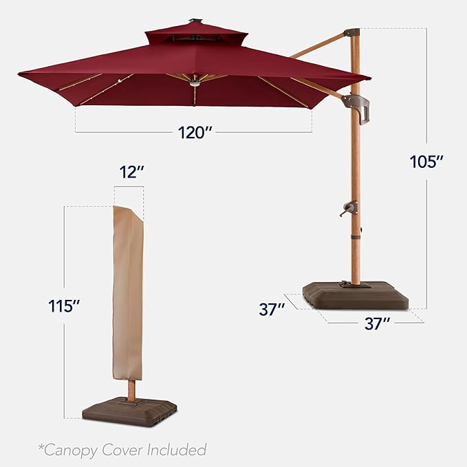 Best Choice Products 10ft Square Cantilever Patio Umbrella w/Base Included, Woodgrain Pattern Pole & Solar LED Lights, 360-Rotation, Offset Hanging Outdoor Shade - Burgundy