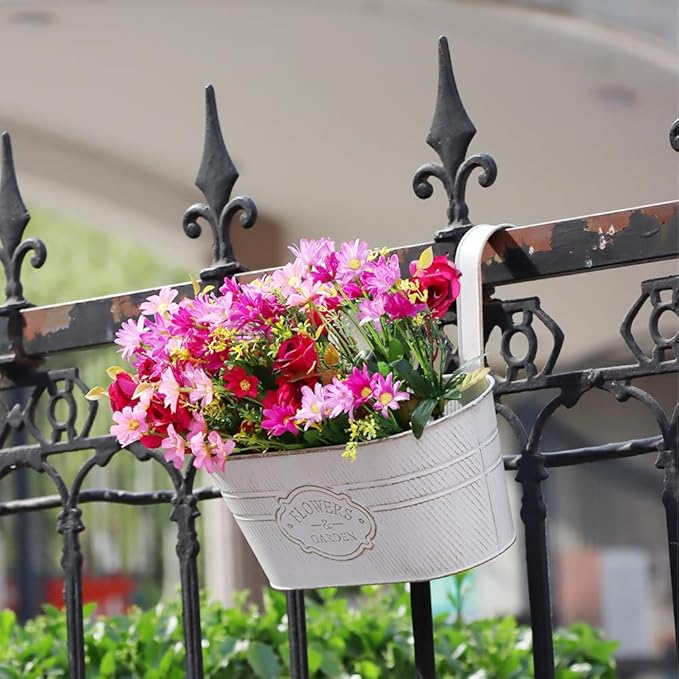 3 Pack Metal Railing Planters, 10.5" Oval Hanging Flower Pots with Detachable Hooks & Drainage Holes, Fits Rails up to 2.36", Galvanized Iron Fence Bucket for Balcony Garden Patio - Letter White