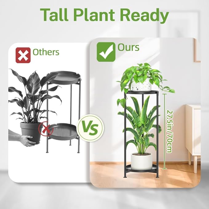 iDavosic.ly 2 Tier Corner Plant Stand Indoor, Tall Vertical Metal Flower Heavy Duty Pot Holder Shelf Outdoor for Patio Porch Living Room, Modern Black - Round