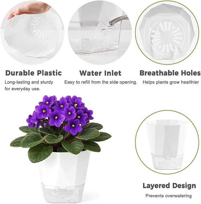6 Pack Self Watering Pots for Indoor Plants, 5 Inches Self Watering Planters Small African Violet Self Watering Clear Pots for Plants Herb Orchid Flower Houseplant Pots, White