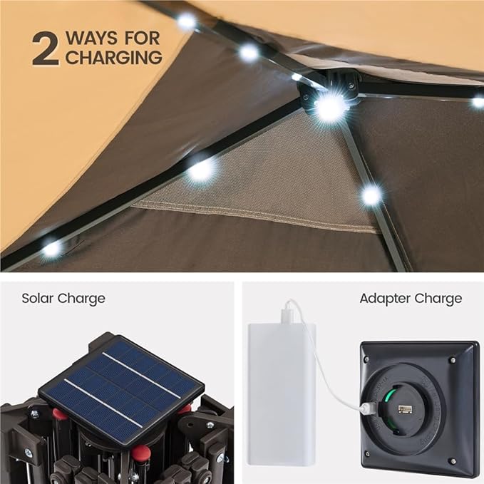 Yaheetech 11'x11' Pop Up Gazebo Instant Tent with 17 Solar LED Lights & Zippered Mesh Netting, Outdoor Shelter Sun Shade Gazebo with Sandbags for Backyard Garden Patio, Khaki & Brown