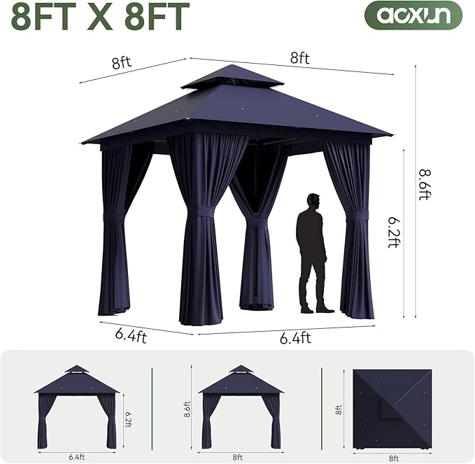 Aoxun Outdoor Gazebo for Patio 8x8 Metal Frame Canopy with Double Roofs Heavy Duty Party Tent and Shelter with Mosquito Netting and Privacy Screen for Backyard, Lawn, Garden, Deck (Navy Blue)