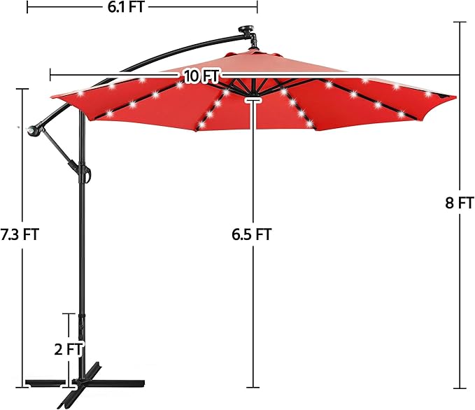 Yaheetech 10FT Solar Offset Umbrella with 32 LED Lights Cantilever Hanging Outdoor Umbrellas Handy Crank & Cross Base for Lawn/Deck/Backyard/Pool Red
