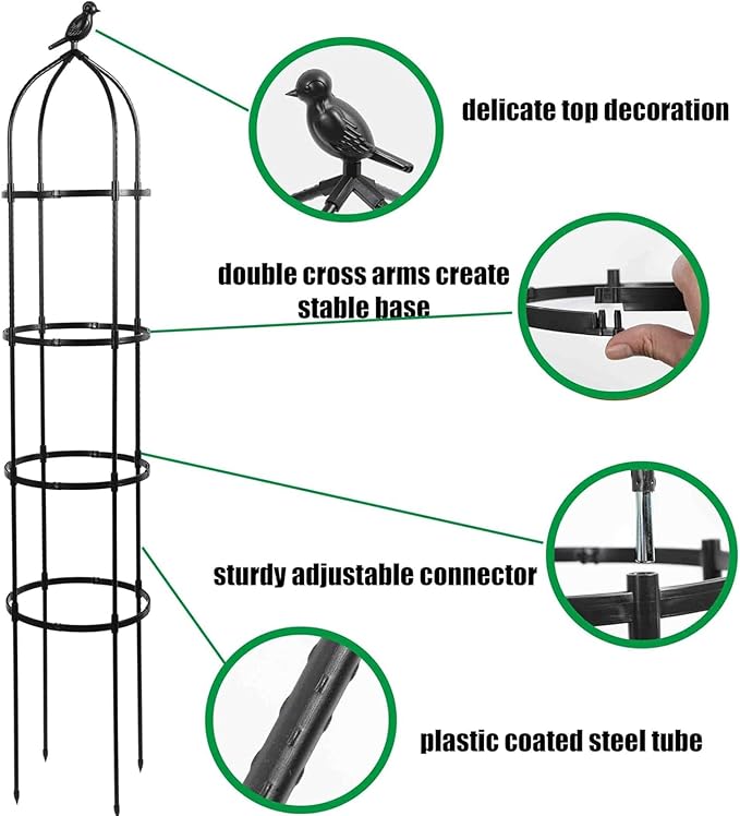 6FT Garden Obelisk Trellis for Climbing Plants,70”Metal Plant Support Tower, Heavy Duty Thickened Tube,Rustproof Black Flower Stand for Vines, Roses, Outdoor & Indoor Use