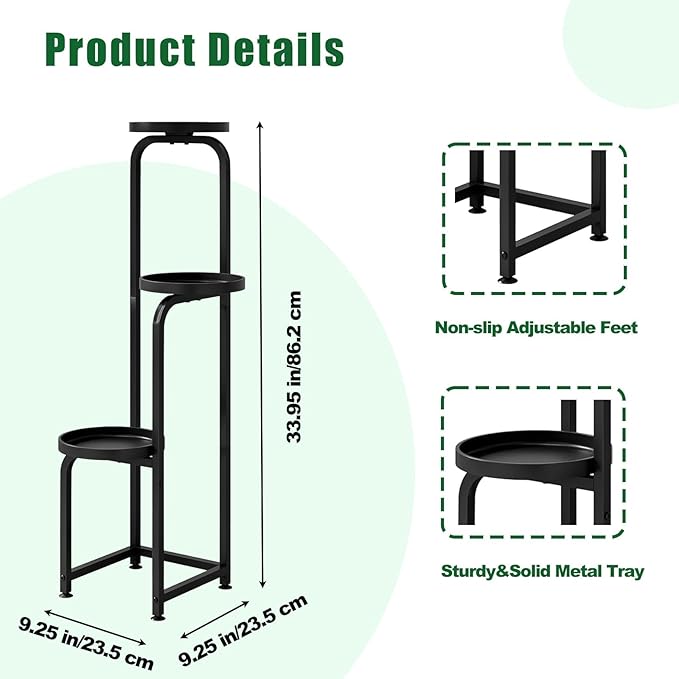 Plant Stand Indoor Outdoor 3 Tier Metal Plant Shelf for Multiple Plants Corner Flower Holders for Living Room Balcony Bedroom Patio Garden, Black (Black, 3-Tier)