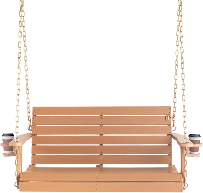 VINGLI Heavy Duty 1600 LBS HDPE Porch Swing Outdoor with Rotatable Cup Holder, 4 FT Patio Bench Swing with Adjustable Chains, 2 Person Hanging Porch Swing Chair for Porch, Yard, Tree, Garden - Teak