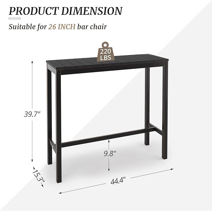 Outdoor Bar Table, 45" Patio Bar Height Counter Console Table, Black Waterproof HDPS Slatted Top and Bronze Leg, Weather Resistant, Hot Tub, Balcony, Yard, Indoor or Outdoor Use