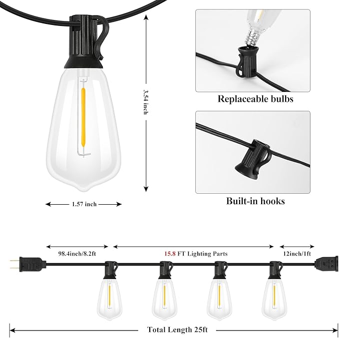 Brightever Outdoor String Lights, 25FT Patio Lights with 13 ST38 LED Edison Bulbs (1 Spare), Waterproof Connectable String Lights for Outside, Dimmable Hanging Light for Backyard Porch Decor, Black