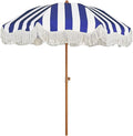 AMMSUN Boho Fringe Umbrella Outdoor Patio, 6.5ft UPF50+ Picnic Umbrella with Tassels with Steel Pole and Push Button Tilt, Navy Stripe