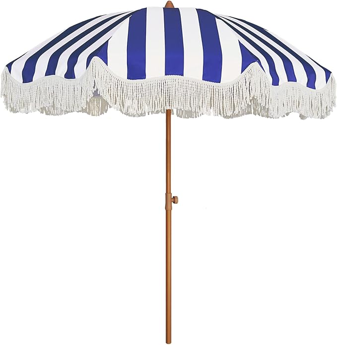 AMMSUN Boho Fringe Umbrella Outdoor Patio, 6.5ft UPF50+ Picnic Umbrella with Tassels with Steel Pole and Push Button Tilt, Navy Stripe