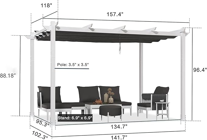 PURPLE LEAF 10' x 13' Aluminum Outdoor Pergola White Wind-Resistant Retractable Pergola with Double Sun Shade Canopy Heavy-Duty Metal Pergola for Patios Backyard Deck Garden, Grey