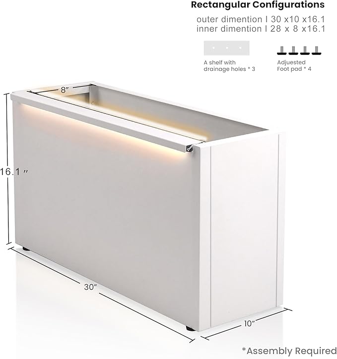 GSK 30" L White LED Metal Planter with Light Outdoor Illuminate Magnetic 3000K Lighting Strips Rectangular Flower Box Rectangle Trough Drainage Holes Indoor Patio Balcony Garden