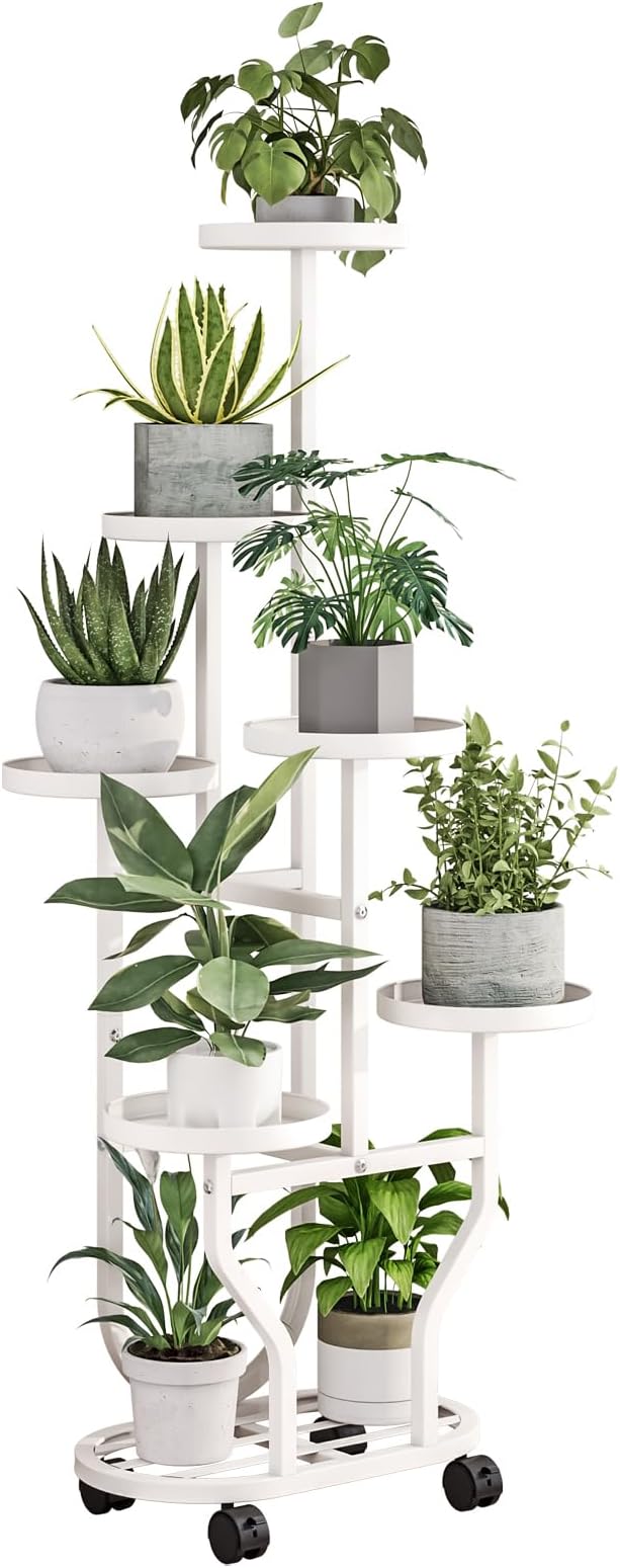 Plant Stand with Wheels 6 Tier Metal Flower Shelf for Indoor Outdoor Corner Multiple Plants Holder Rack for Bedroom Living Room Garden Balcony Yard White (White, 6 Tier)