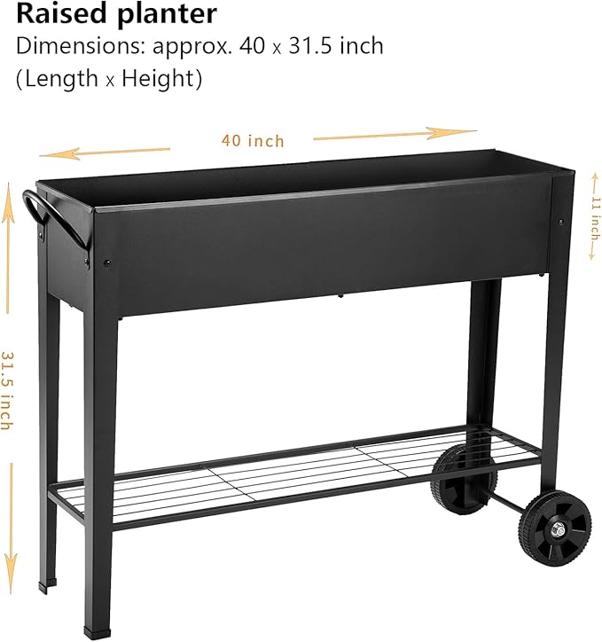 Piksedo Raised Garden Bed, Elevated Planter Metal Plant Box with Wheels with Legs Standing Garden Stand Drainage Holes Frosted Black