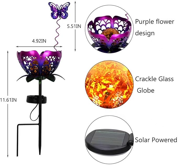 Solar Lights Outdoor Garden Decor,LED Lotus Flower Lamp, Metal Tulip & Butterfly Decoration Solar Lawn Lamp for Courtyard, Garden Gifts for Women (Purple)