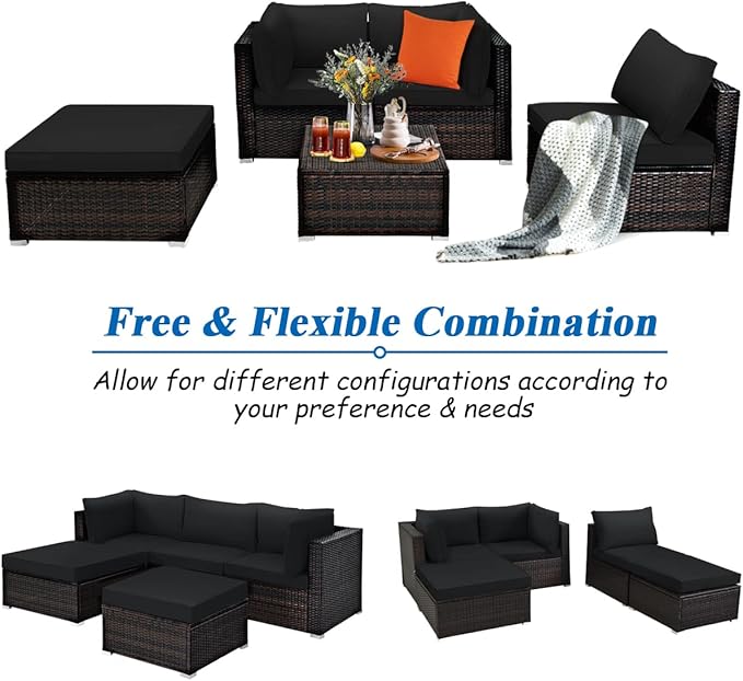 Tangkula 5 Piece Patio Rattan Furniture Set, Outdoor Sectional Rattan Sofa Set with Back & Seat Cushions, Wicker Conversation Set with Tempered Glass Table for Backyard Porch Poolside (Black)