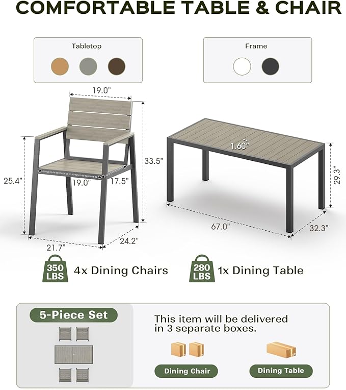 5-Piece Outdoor Dining Set, Aluminum Dining Table Set for 4, Patio Table and Chairs Set with Umbrella Hole, All Weather HDPS Outdoor Table and Chairs for 4 (Gray)