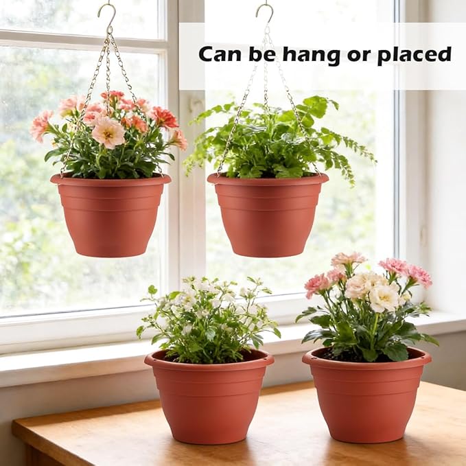 Hanging Planters 10 Inch, 4 Pcs Flower Pots with Drainage Hole, Self Watering Hanging Basket for Indoor Outdoor Plants, Decor, Pottery Red