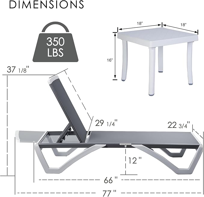 Kozyard Outdoor Chaise Lounge Chair, Full Flat Adjustable Patio Lounger with Aluminum Frame & Resin Legs, Textilene Fabric for Poolside, Backyard & Beach (Gray, 2Chairs with Table)