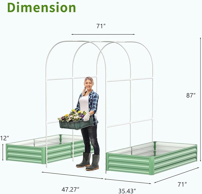 DoCred 3 in 1 Raised Garden Bed with 87in Tall Arch Trellis for Climbing Plants, Galvanized Planter Garden Box Outdoor for Gardening, Climbing Vegetables, Flower, Green