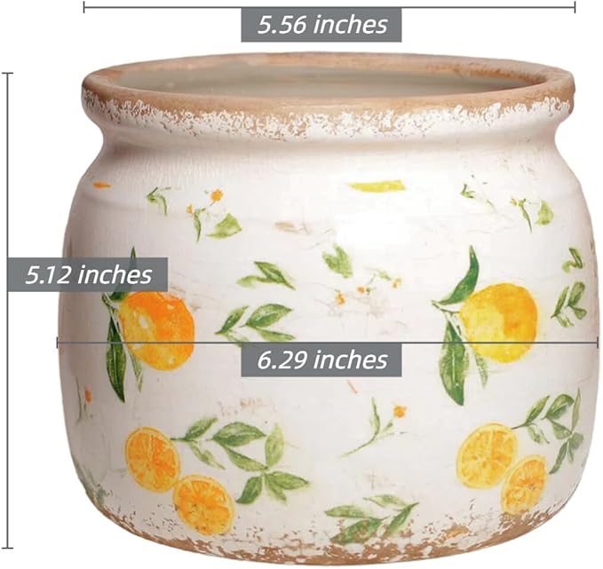 Lemon Summer Decor Plant Pot, 6 Inch Vintage Ceramic Planter with Drainage for Indoor Plants, Rustic Lemons Vase for Centerpieces, Mediterranean Kitchen Home Decor, Yellow Gifts for Gardening