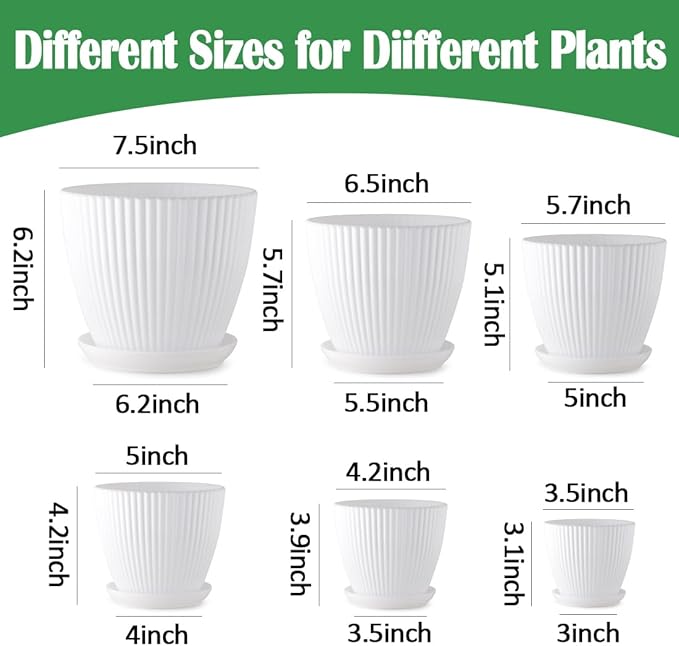 7.5/6.5/5.5/4.9/4.2/3.5 Inch Plant Pots with Drainage Holes and Saucer, Plastic Flower Pots for Indoor Plants, Lightweight Planter Pots for Plants, White
