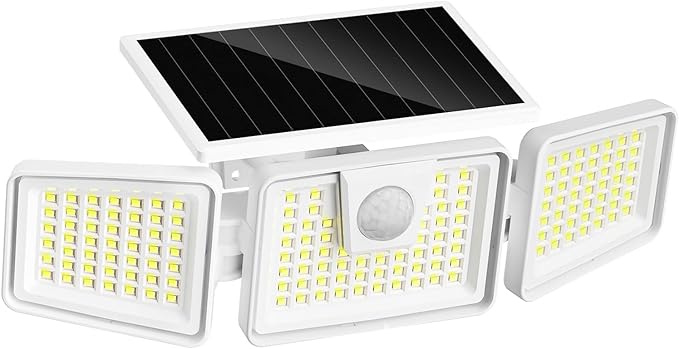 INCX Solar Motion Sensor Lights Outdoor, 3 Heads Security Lights Solar Powered, 156 LED Flood Light Motion Detected Spotlight for Garage Yard Entryways Patio, IP65 Waterproof, White, 1 Pack