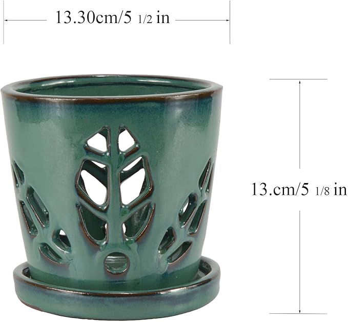 W&W Orchid Pot with Holes and Saucer for Repotting, Green, 5.5 Inches