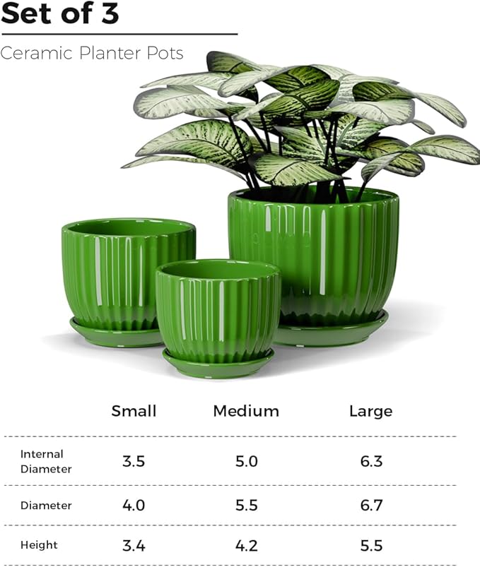 Ton Sin Ceramic Plant Pots,4"+5"+6" Inch,Green Flower Pots with Drainage Holes and Tray,Indoor Planters for Plants Pots,Home Office Decoration GIF for Plants,Succulent Pot Set of 3