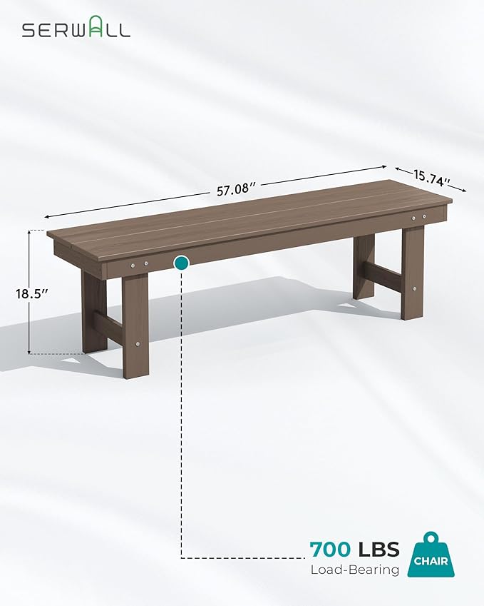 SERWALL Outdoor Dining Set for 6, HDPE Furniture Set with Umbrella Hole, All Weather Bench & Chairs, Coffee Table