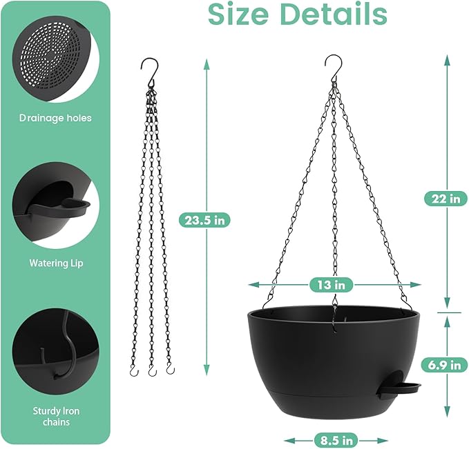 13 Inch 2 Pack Large Self Watering Hanging Planters for Indoor Outdoor Plants, Hanging Plant Pots with Removable 50 Oz Reservoir, Plastic Hanging Basket for Window Porch Garden Balcony, Black