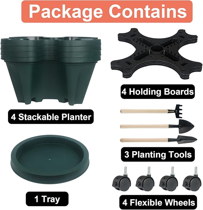 DUNCHATY Stackable Planter, Vertical Garden Planter with Wheels and Tools, Self Watering Strawberry Planter Indoor/Outdoor 4 Tier Herb Planter Pots for Growing Vegetables and Succulents,Pine Green