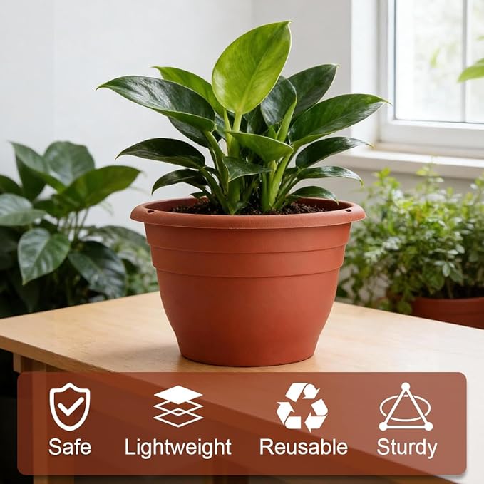 3 Pack 11 Inch Plant Pots with Drainage,Terracotta Plastic Planters for Indoor Outdoor Plants,Hanging Flower Pots for Patio,Garden,Balcony (Pottery Red)