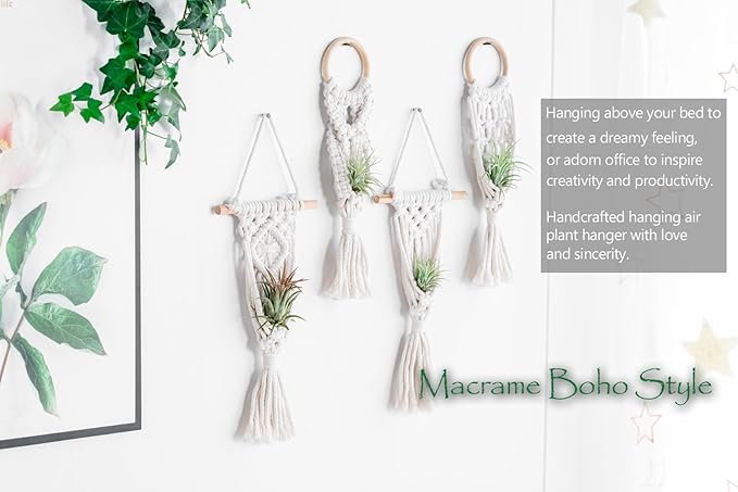 Melphoe 4 Pack Air Plants Holders Stand Air Fern Macrame Plant Hanger Indoor Hanging Planter Basket for Tillandsias Display, Boho Home Decoration Gift Idea