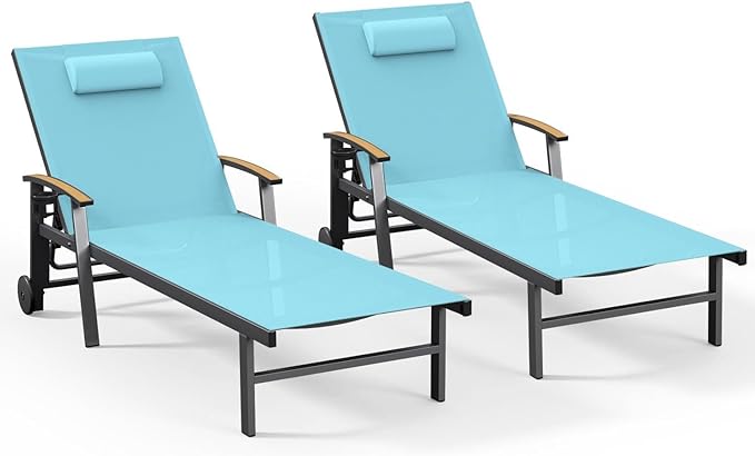 Ciokea Outdoor Lounge Chair with Pillow Set of 2, 5-Position Aluminum Chaise Lounge with Wheels & Armrests, 400 lbs Heavy Duty Patio Pool Chair for Backyard, Deck, Beach & Poolside, Lake Blue